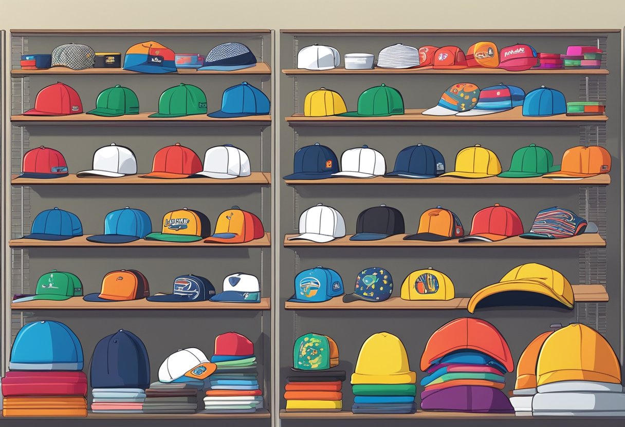 A colorful array of merchandise items, including t-shirts, hats, mugs, and stickers, displayed on shelves and racks in a trendy retail space