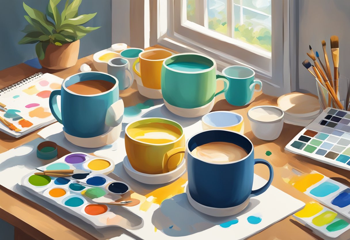 A table scattered with colorful mug designs, paintbrushes, and paint palettes. A window lets in natural light, illuminating the creative workspace