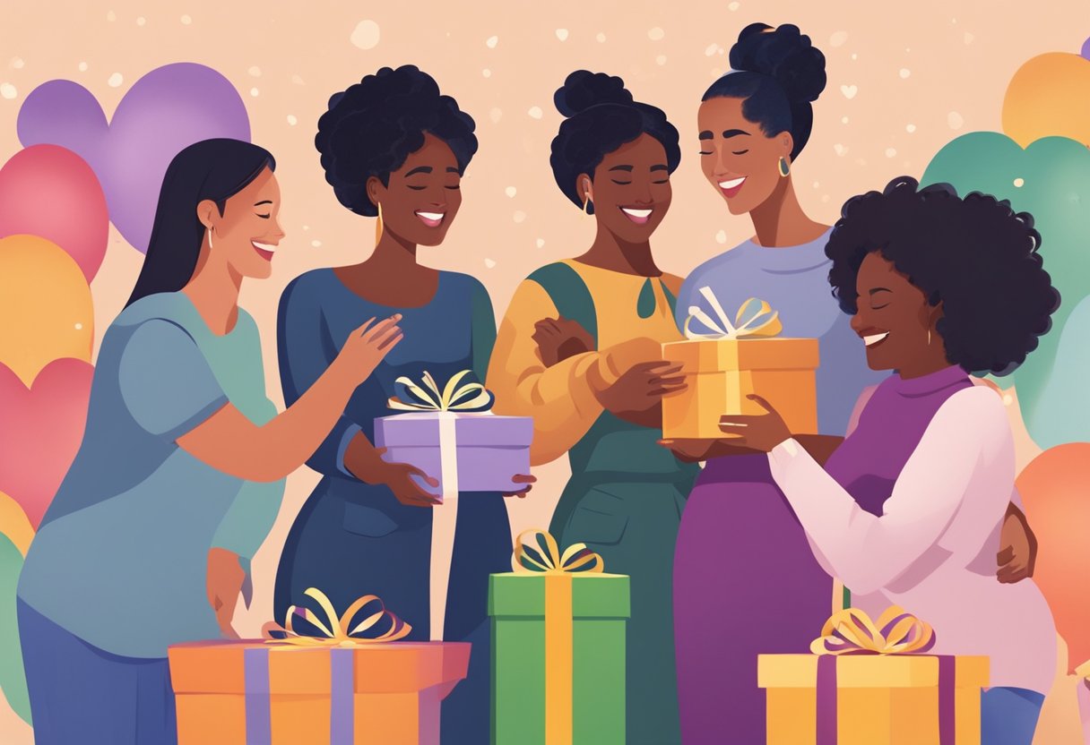 A diverse group of women exchanging gifts and embracing in celebration