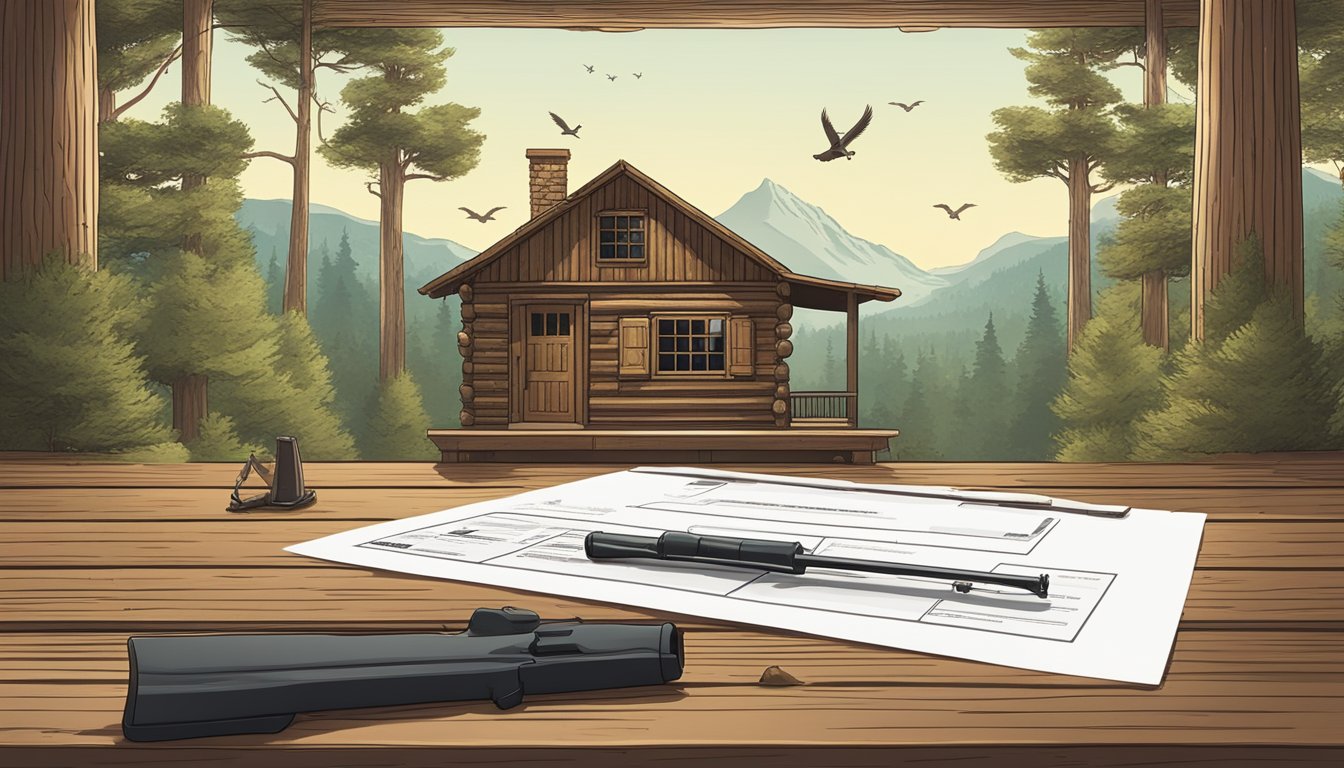 A serene forest with a small wooden cabin, a hunting rifle, and a Texas hunting license application form on a rustic table