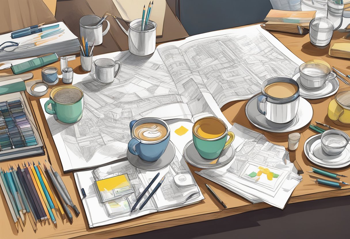 A table with various cup designs sketched on paper, surrounded by art supplies and reference materials