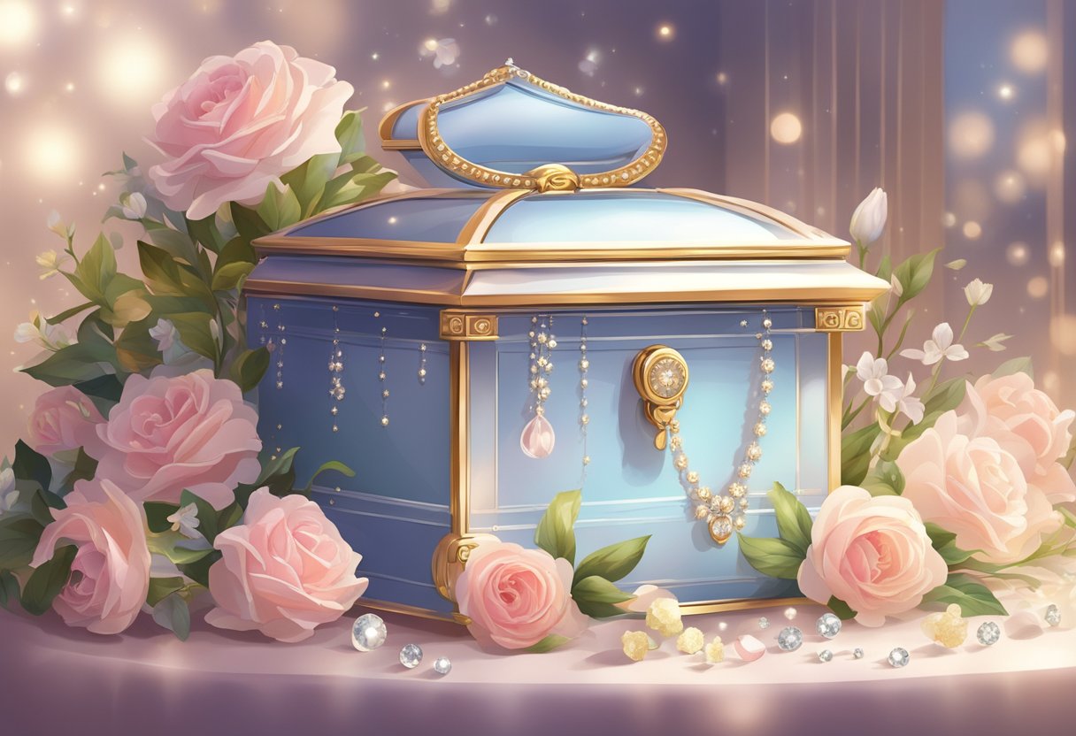 A sparkling jewelry box nestled among delicate flowers and elegant ribbons, surrounded by soft lighting and a sense of celebration