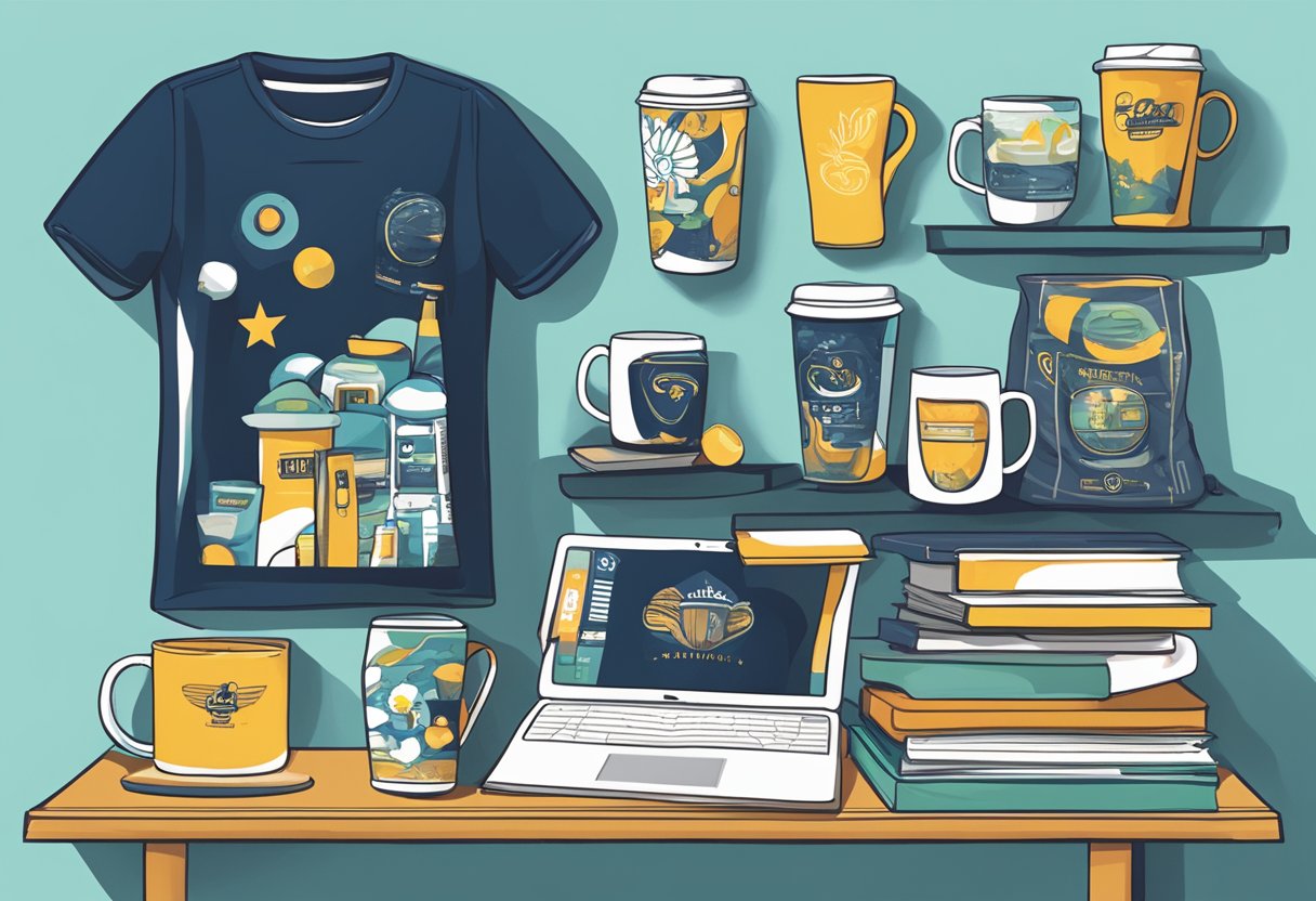 A collection of merchandise items arranged on a display table. Items include mugs, t-shirts, tote bags, and stickers with a cohesive theme