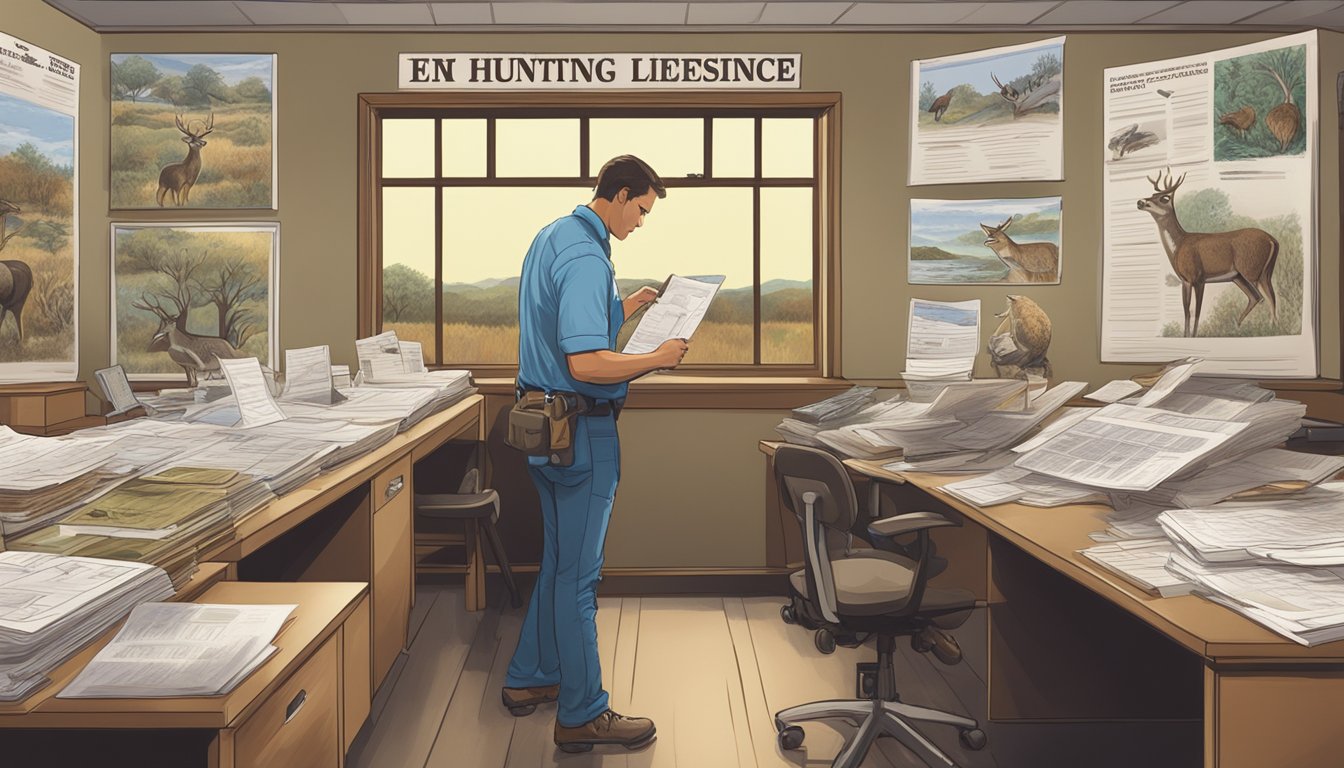 A person filling out forms at a Texas hunting license office, surrounded by posters of wildlife and hunting regulations