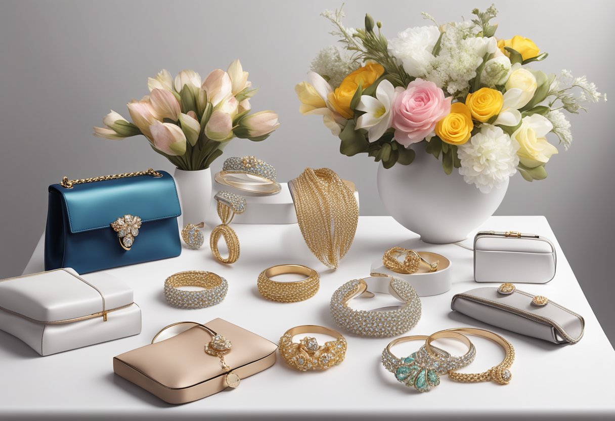 A display of elegant jewelry, scarves, and handbags arranged on a sleek white table. A bouquet of fresh flowers adds a pop of color