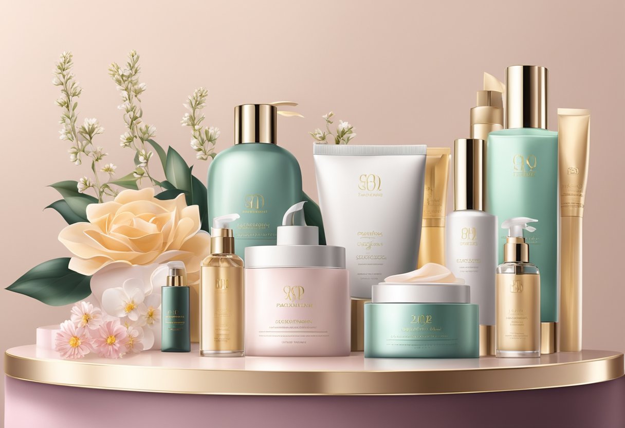 A collection of luxurious beauty and skincare products arranged on a elegant display with flowers and ribbons