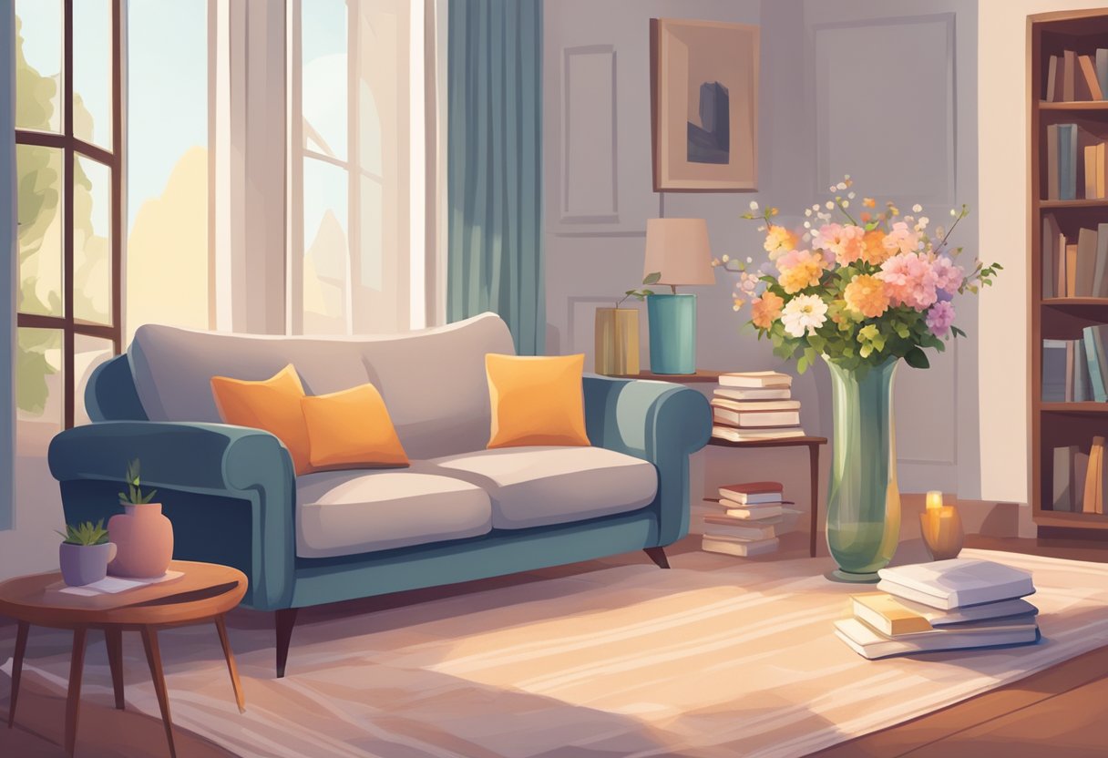 A cozy living room with a vase of fresh flowers, a stack of books, and a warm blanket draped over a comfortable armchair