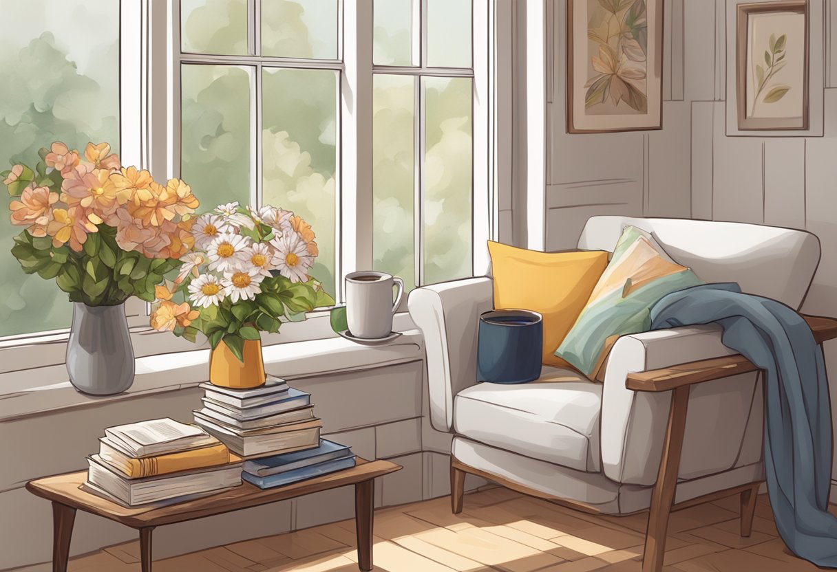 A cozy reading nook with a stack of books, a warm cup of tea, and a bouquet of flowers