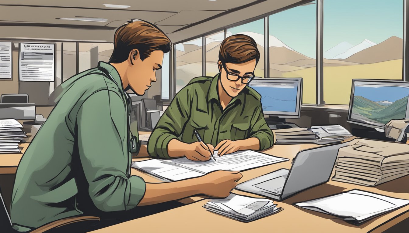 A hunter filling out a license application at a Utah Department of Wildlife Resources office, with a clerk assisting