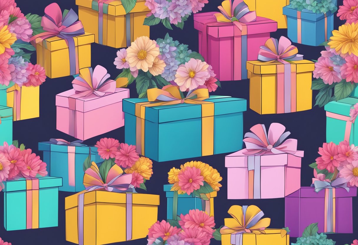 A stack of colorful gift boxes, tied with ribbons, surrounded by blooming flowers