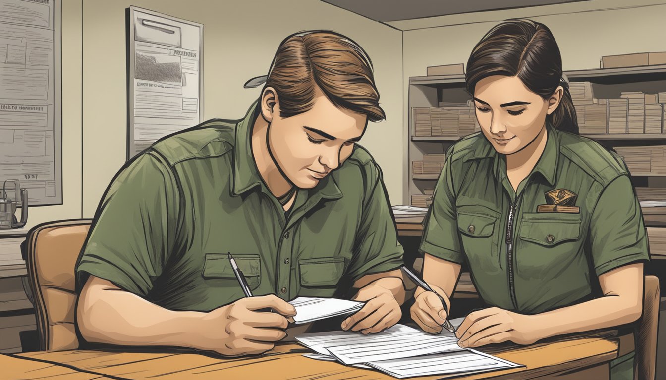 A hunter filling out paperwork at a Texas Department of Wildlife office, with a clerk assisting them through the process of obtaining a hunting license