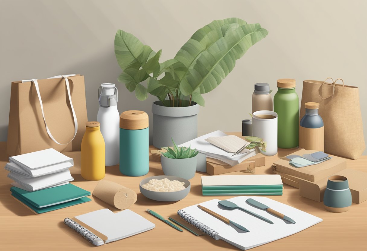 A diverse array of eco-friendly and sustainable gifts displayed on a table, including reusable water bottles, bamboo utensils, and recycled paper notebooks