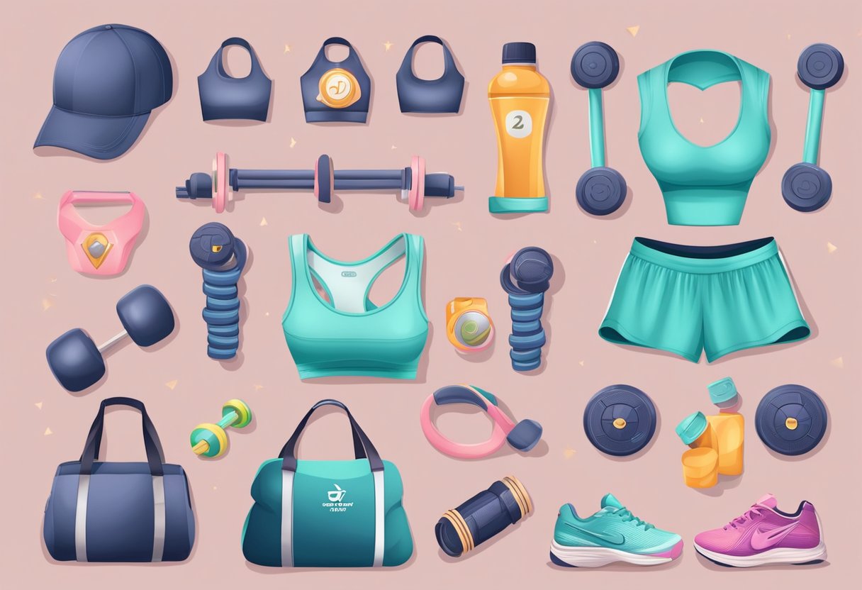 A woman presents a collection of fitness and sport-themed gifts for women's day