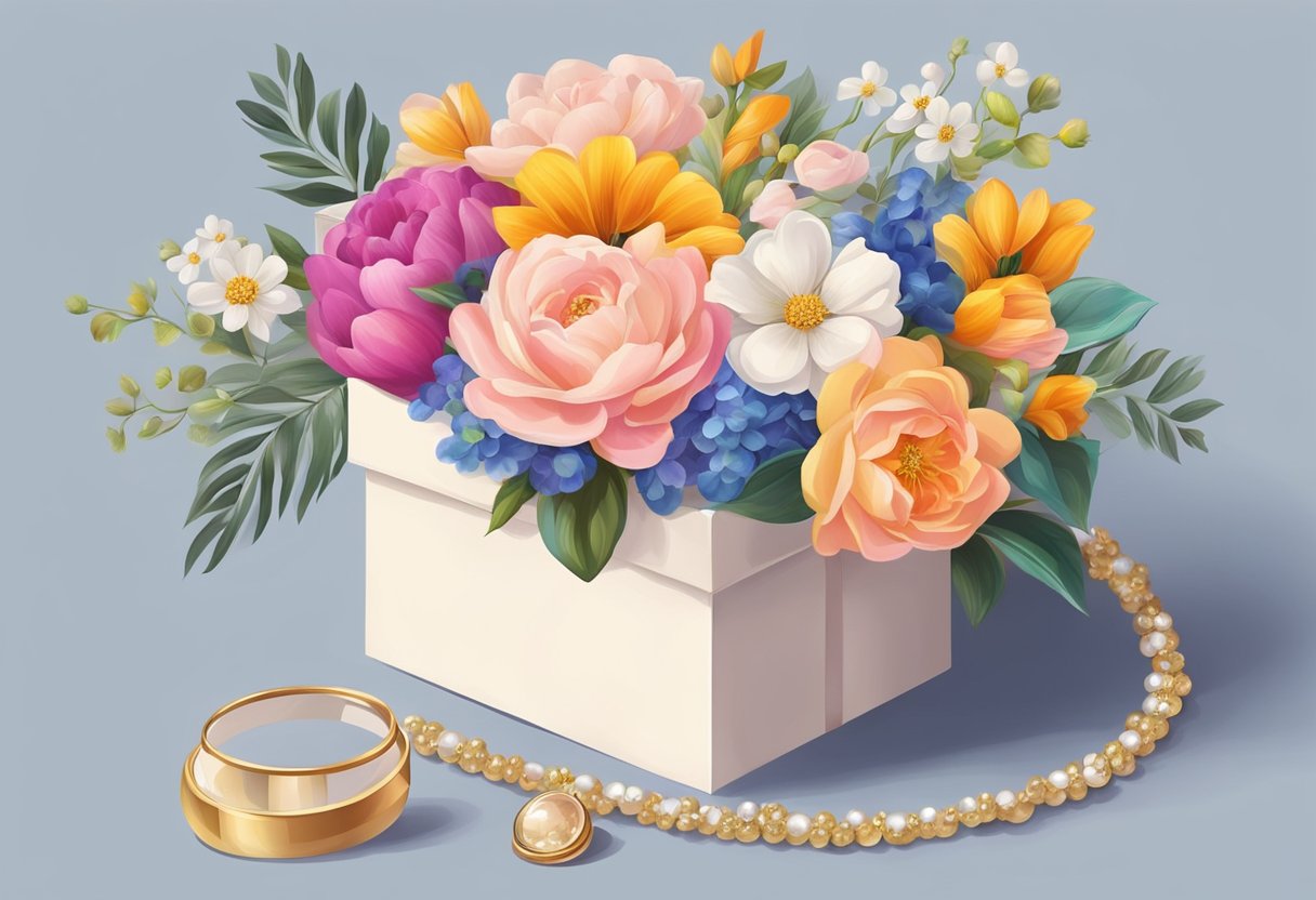 A bouquet of vibrant flowers and a delicate piece of jewelry placed on a beautifully wrapped gift box