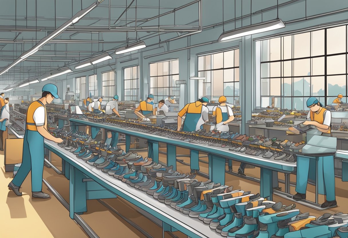 A bustling shoe factory with conveyor belts, machines, and workers assembling and packaging various styles of shoes