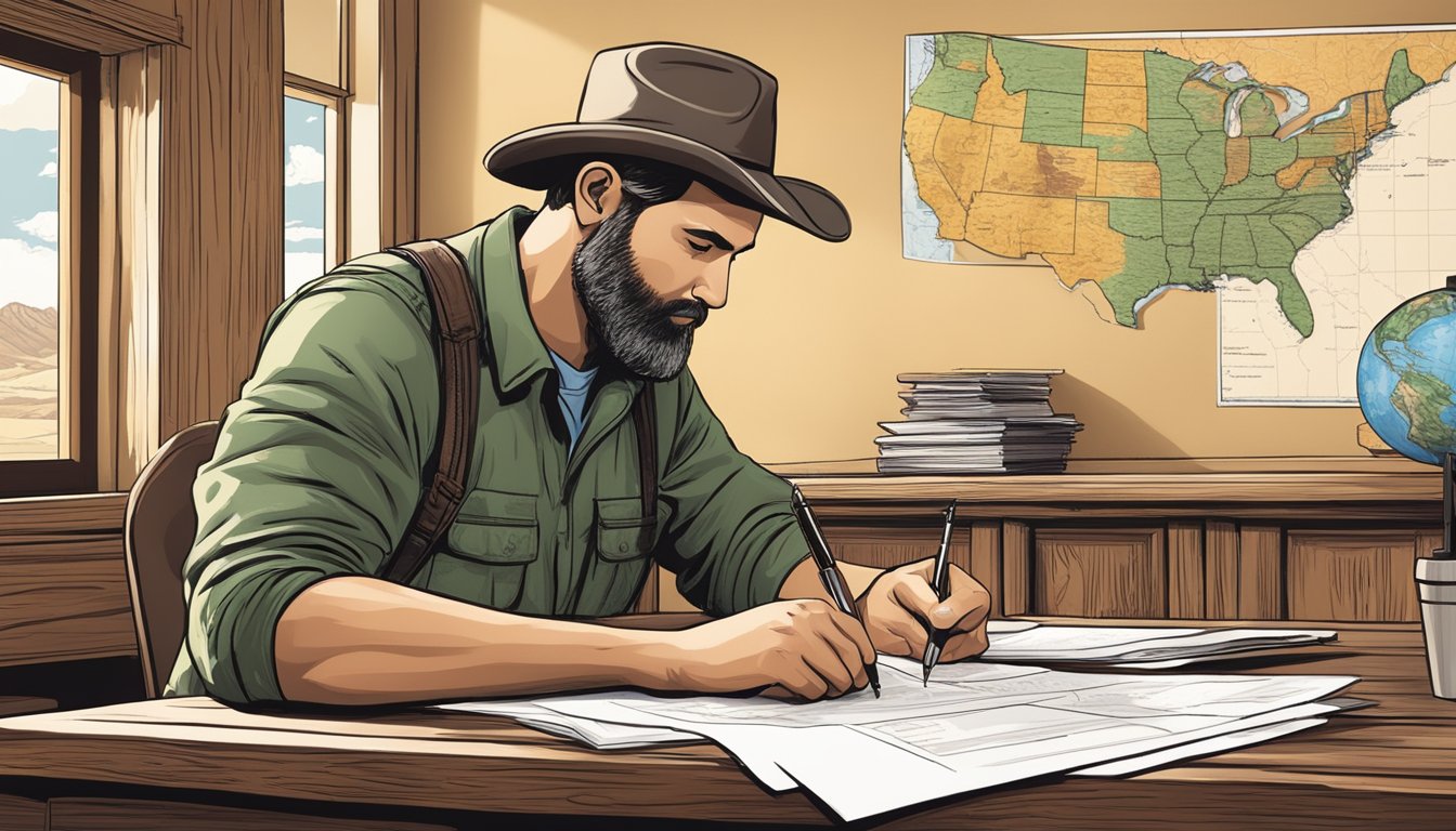 A hunter in Utah filling out a license application at a rustic wooden desk with a map of the state on the wall