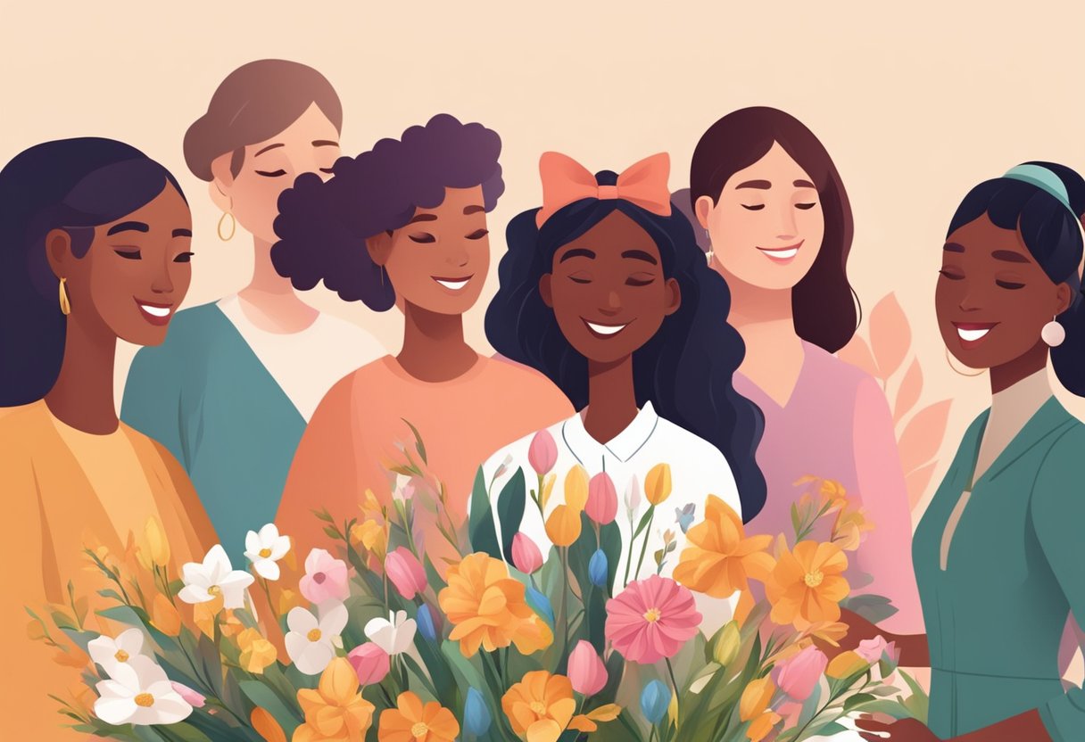 A diverse group of women celebrating Women's Day with gifts and flowers