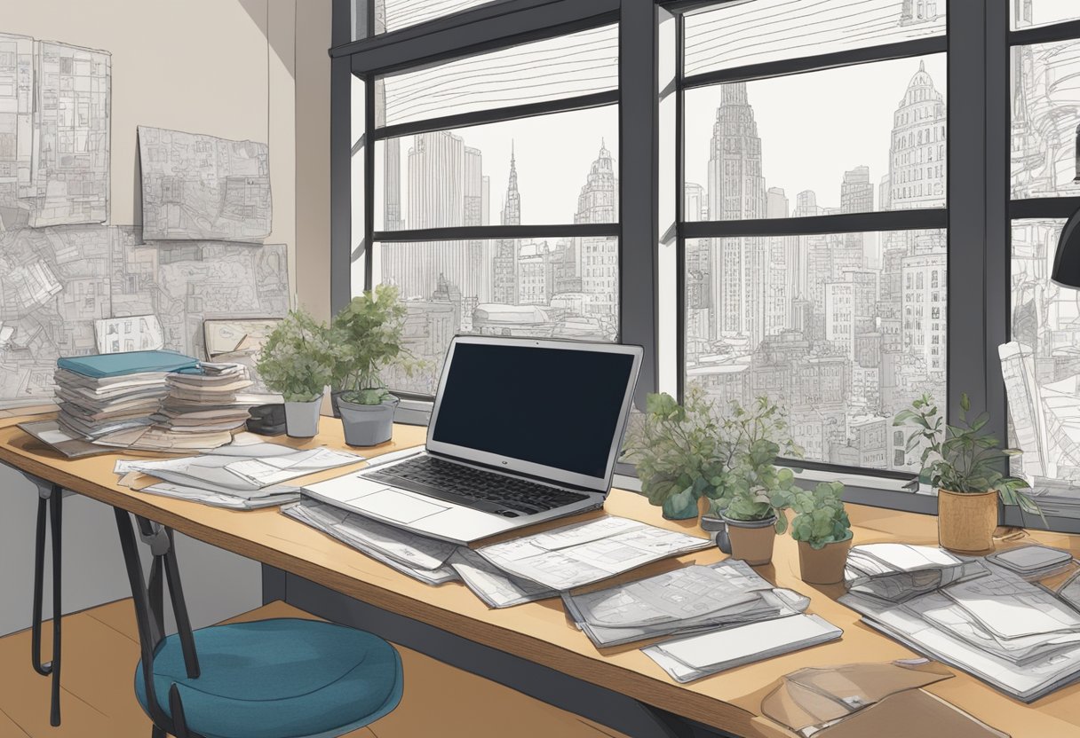 A cluttered desk with a laptop, sketches, and shoe prototypes. A wall covered in inspiration boards and fabric swatches. A window with a view of a bustling city street