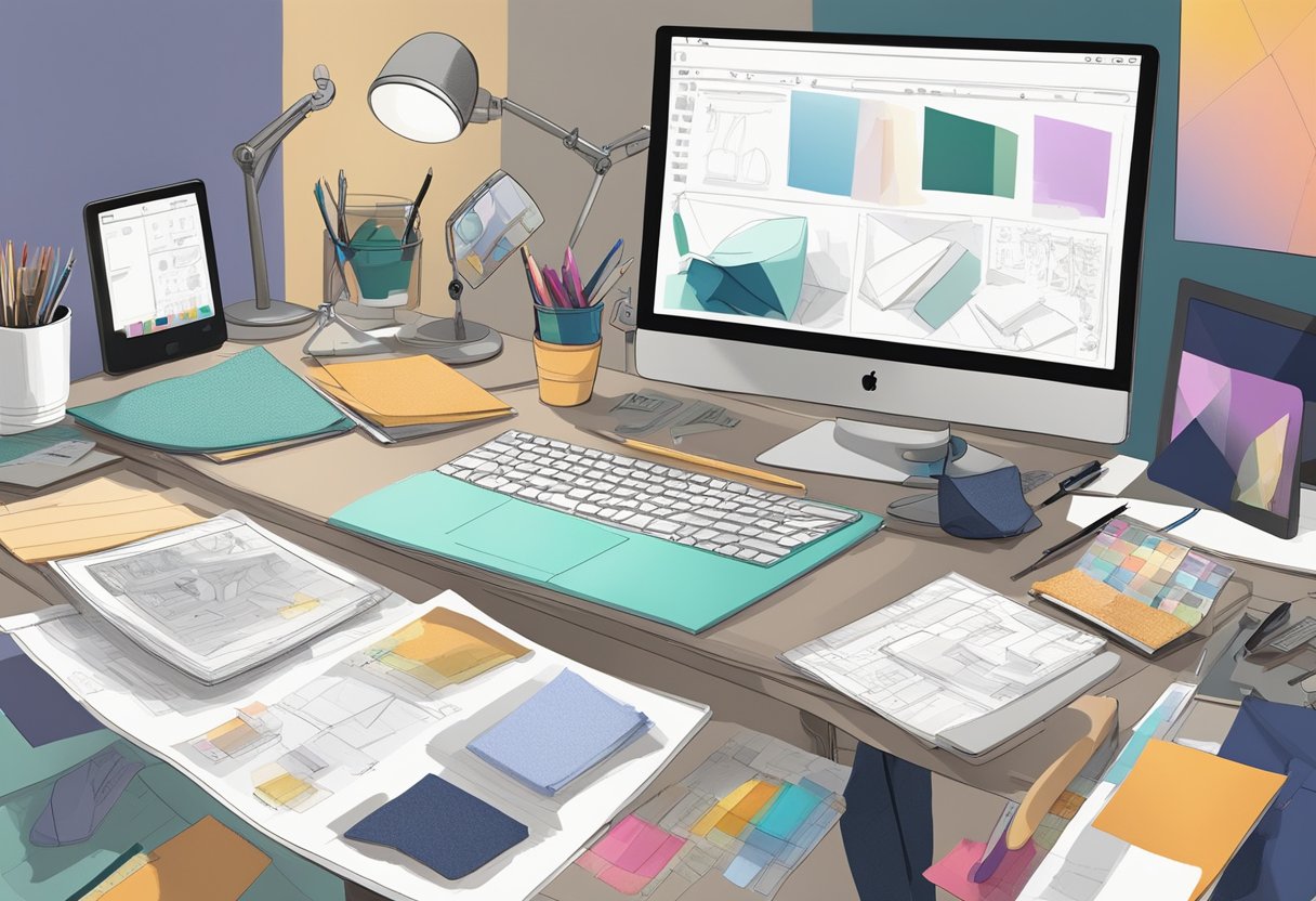 A cluttered desk with sketches, shoe prototypes, and fabric swatches. A computer displaying a shoe design software. A mood board with inspirational images