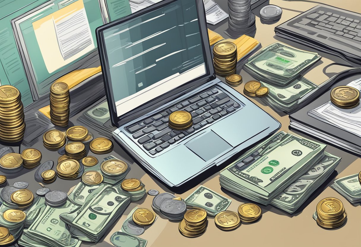 A stack of coins and dollar bills scattered on a table, surrounded by a laptop, calculator, and financial documents