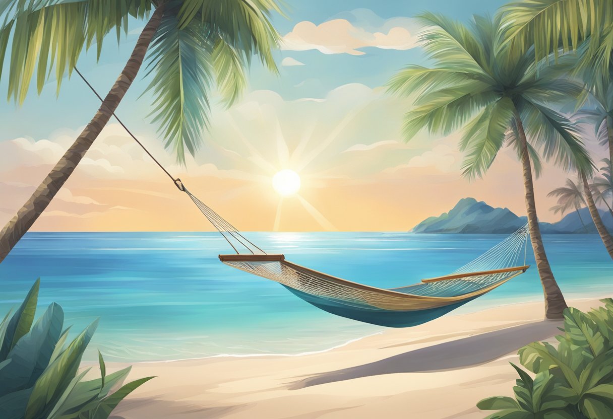 A serene beach with a hammock strung between two palm trees, overlooking a crystal-clear ocean with a small boat anchored in the distance