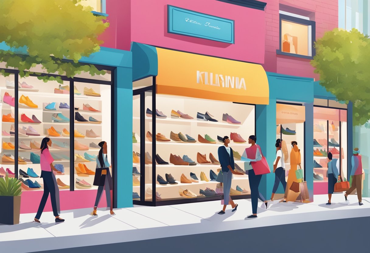 A vibrant storefront with a variety of shoe displays, a busy sales team engaging with customers, and eye-catching marketing materials adorning the walls