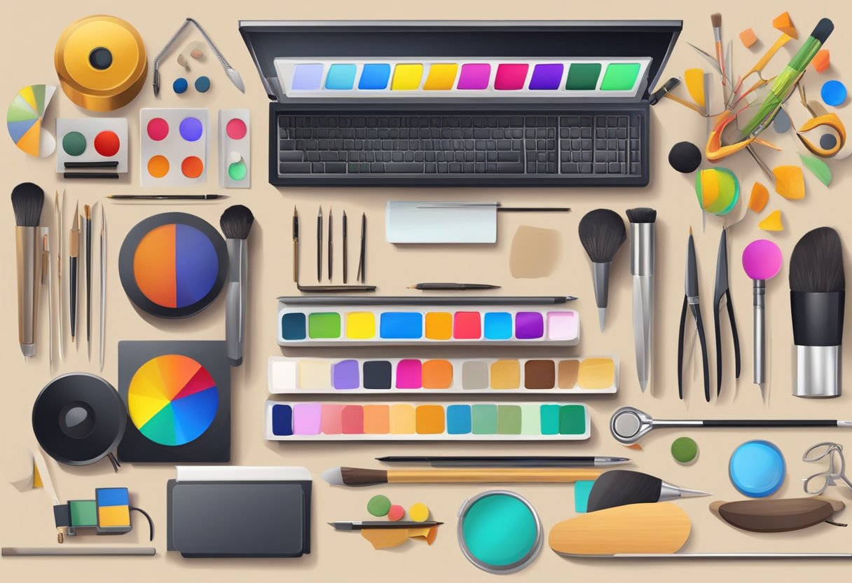 A colorful palette of various tools and instruments used for creating art, music, writing, and other creative endeavors laid out on a table