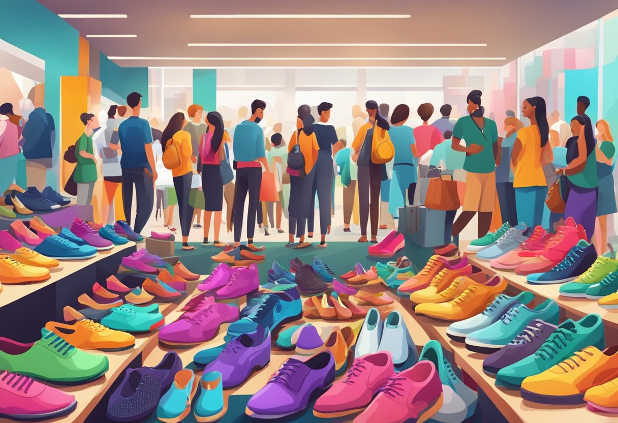 A vibrant and bustling marketplace with rows of colorful, diverse shoes on display, surrounded by eager customers and enthusiastic entrepreneurs