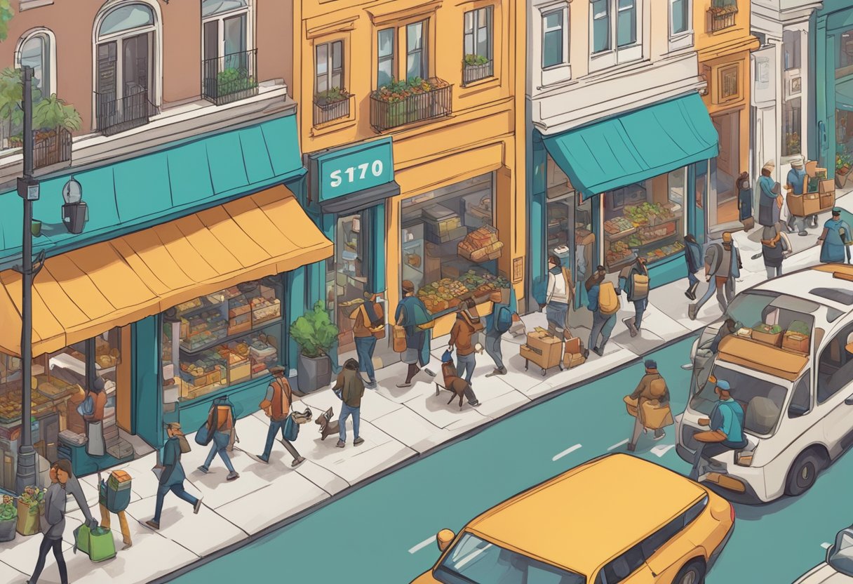 A bustling city street with various gig workers performing tasks like food delivery, dog walking, and freelance writing