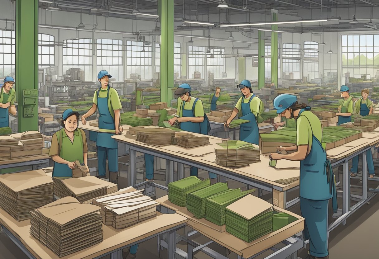 A shoe business owner sourcing eco-friendly materials and overseeing fair labor practices in a bustling factory