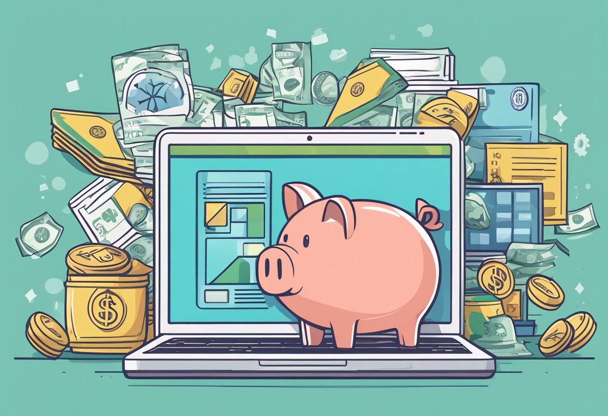 A laptop with various digital content icons surrounded by money and a piggy bank