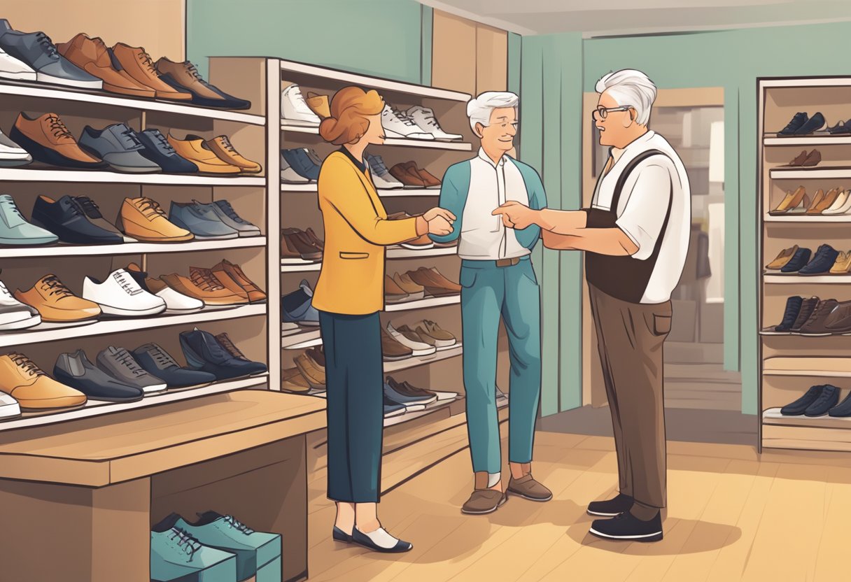 A shoe store owner warmly greeting a customer, offering personalized advice and assistance in selecting the perfect pair of shoes