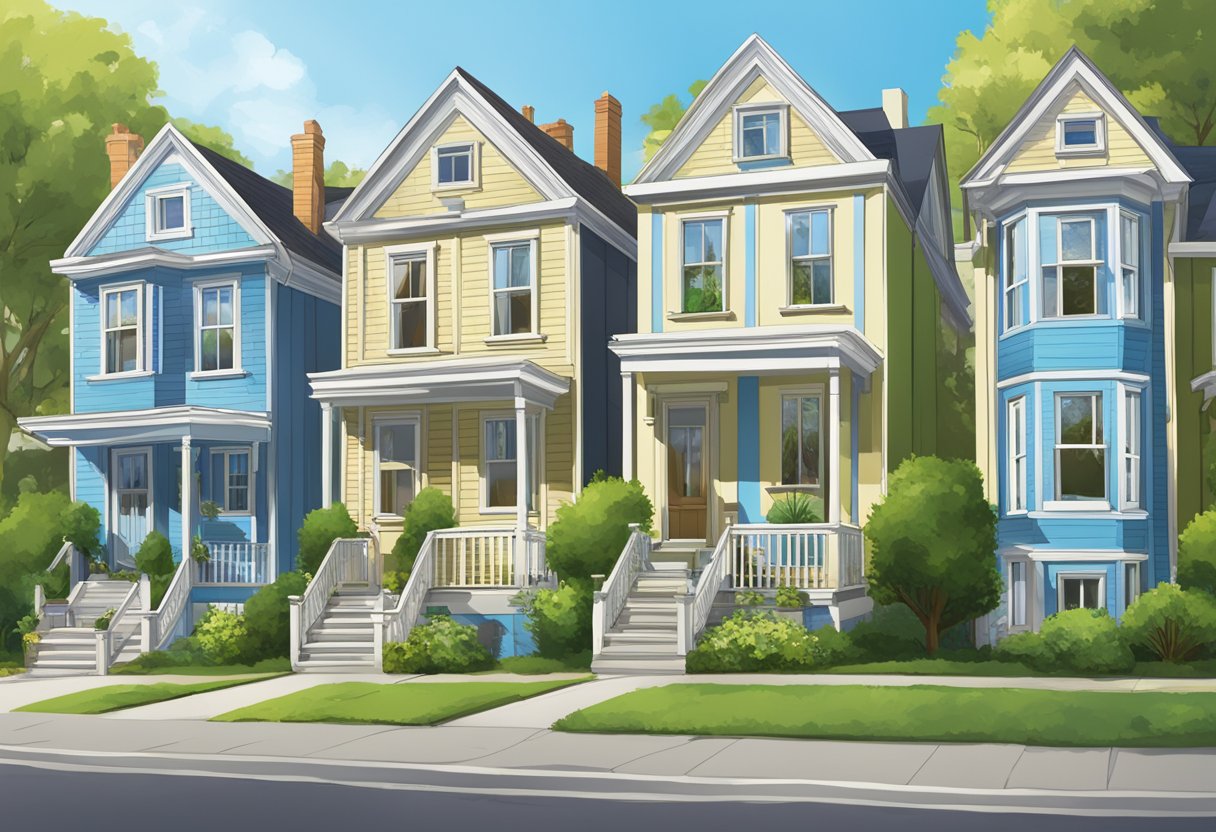 A row of houses with "For Rent" signs, surrounded by trees and a clear blue sky