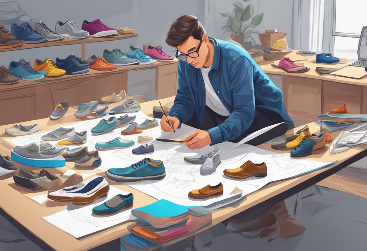 A shoe designer sketching multiple shoe designs on a large drawing board surrounded by various shoe prototypes and materials