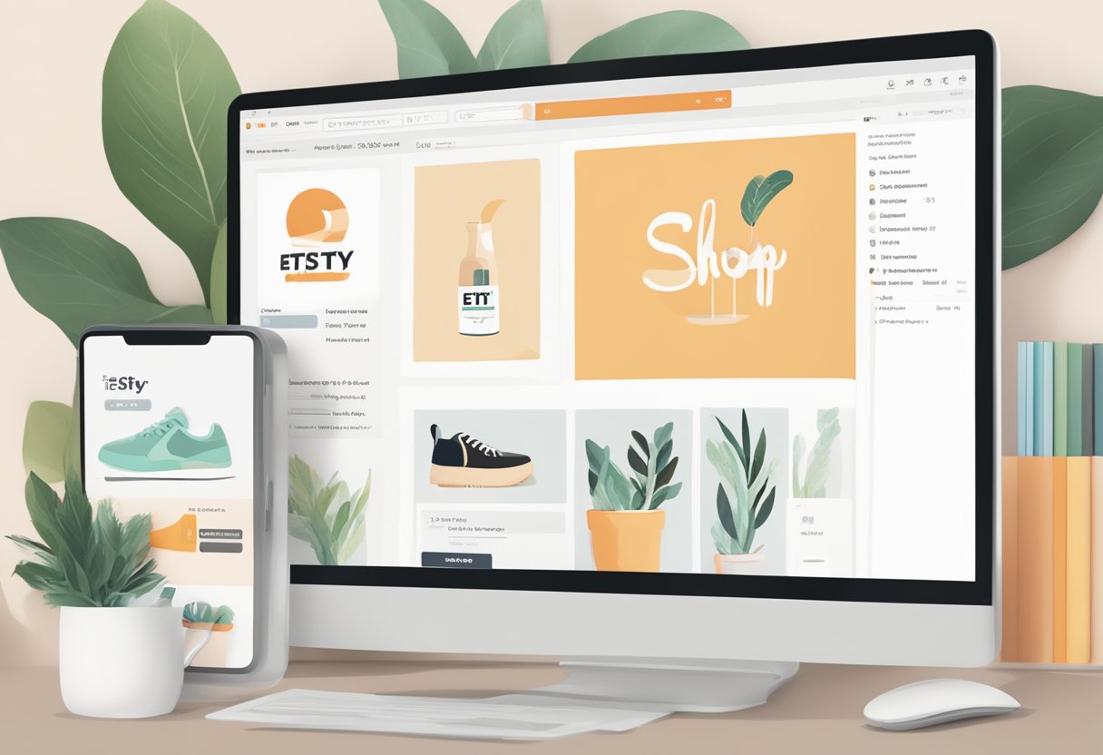 A computer screen showing the Etsy website with the "Shop Name" section highlighted, while a cursor hovers over the "Edit" button