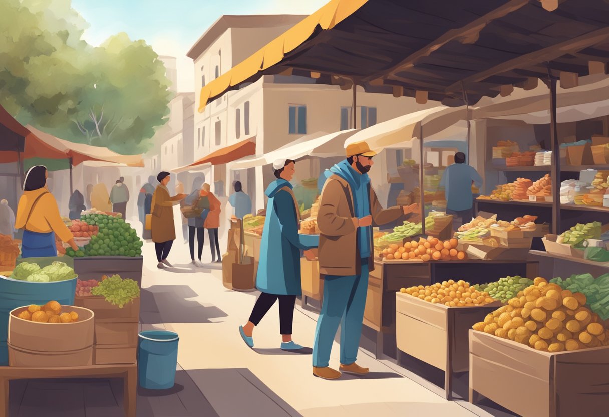 A person selling homemade goods at a local market, interacting with customers and exchanging products for money