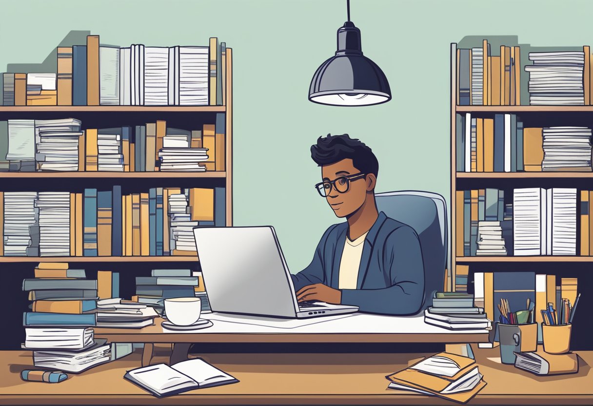 A person sitting at a desk with a laptop, surrounded by books and notes. A lightbulb overhead symbolizes a moment of inspiration for making money without a traditional job