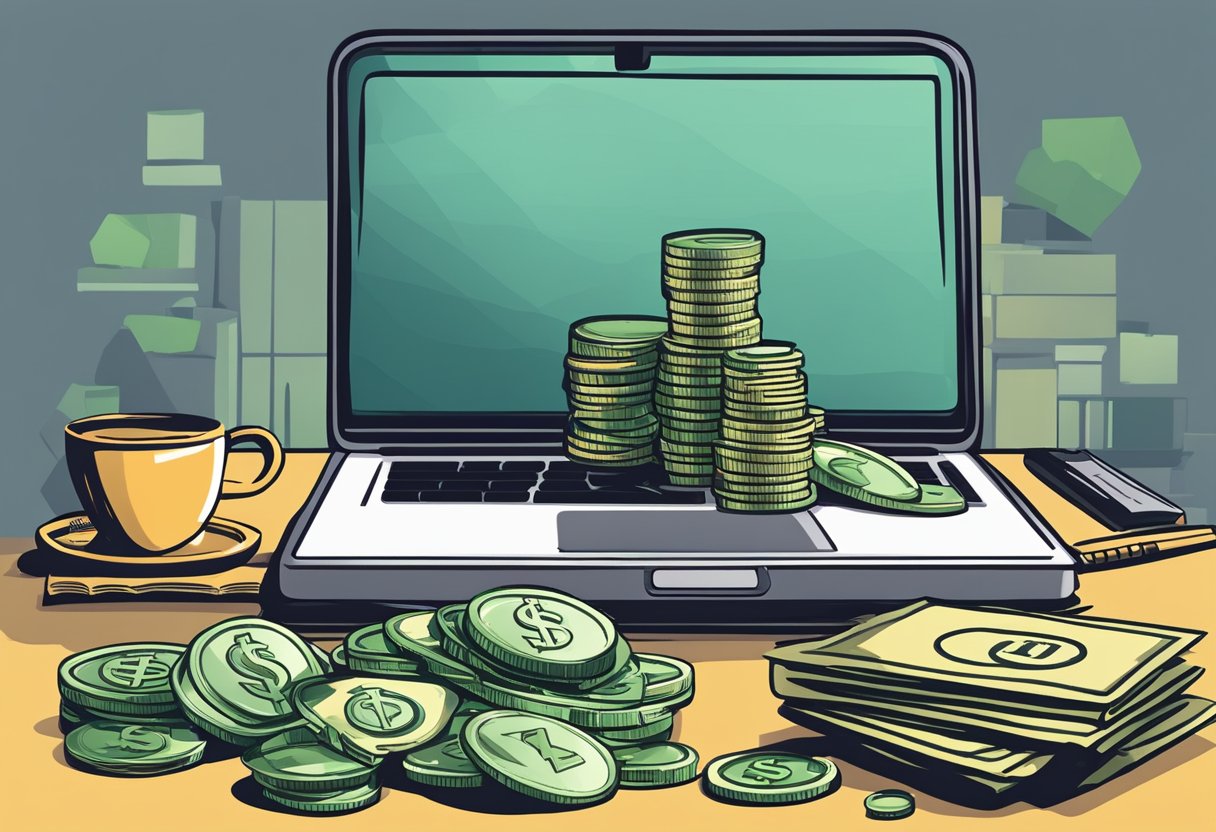 A stack of coins and dollar bills on a table, with a laptop and a notepad filled with money-making ideas