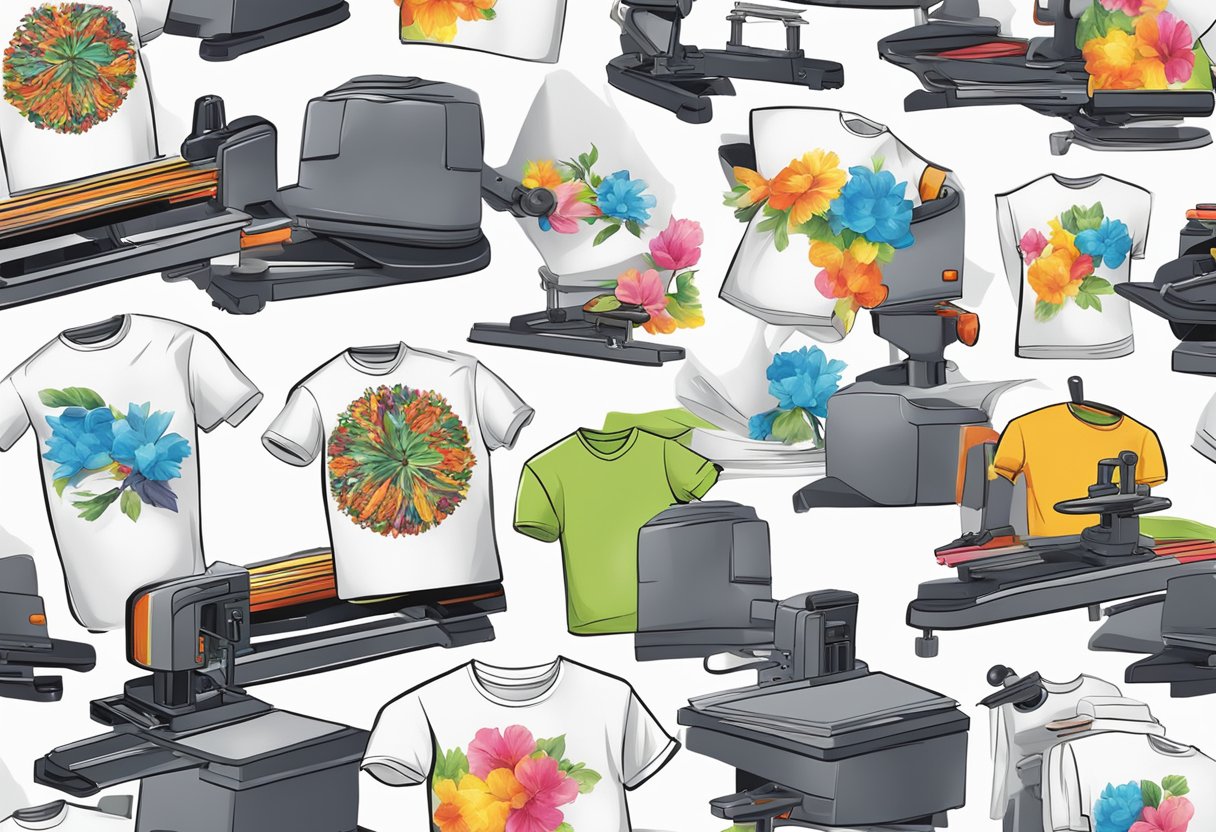 A heat press machine transfers colorful designs onto blank white shirts