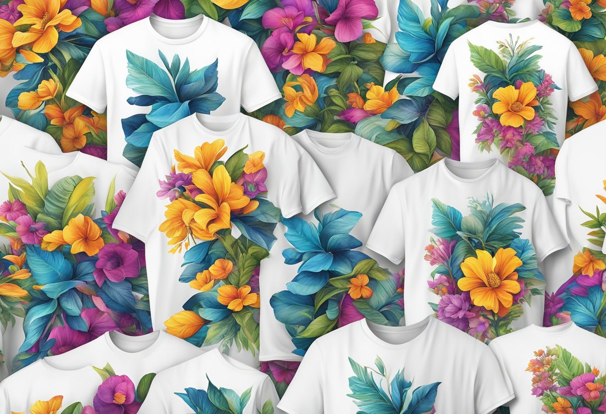 A heat press transferring colorful designs onto blank white shirts using sublimation printing