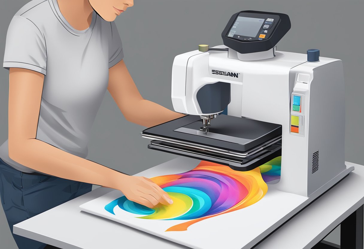 A person using a heat press to transfer a colorful design onto a blank sublimation shirt