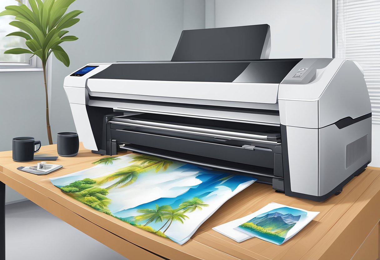 A table with sublimation printer, heat press, and blank shirts