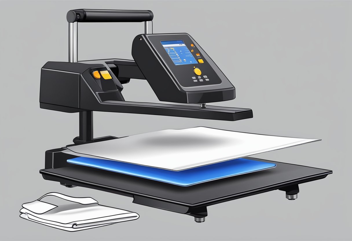 A heat press machine with sublimation paper, and blank shirts ready for printing