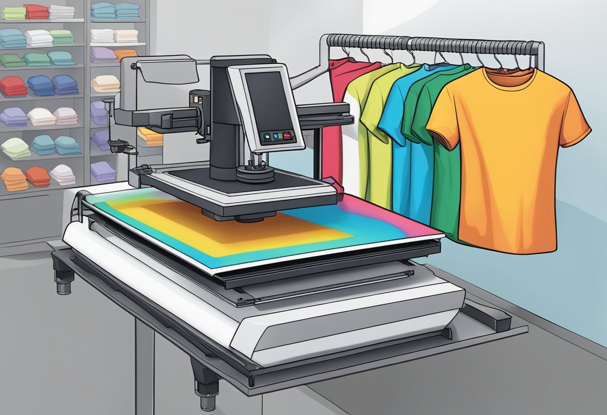 A heat press machine transferring colorful designs onto blank t-shirts. Ink turning into gas upon contact with fabric