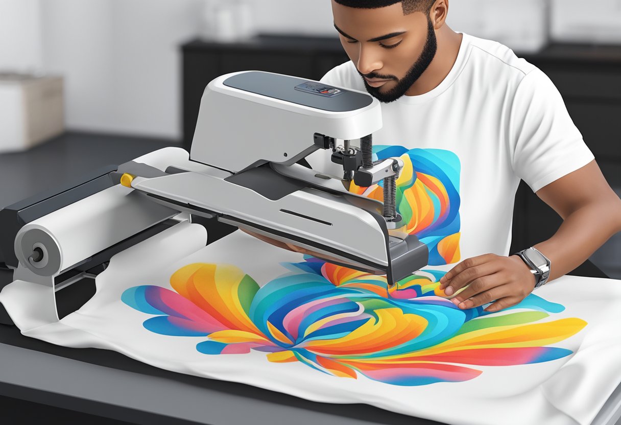 A person using a heat press to transfer a colorful design onto a white t-shirt. The design appears to seamlessly blend into the fabric