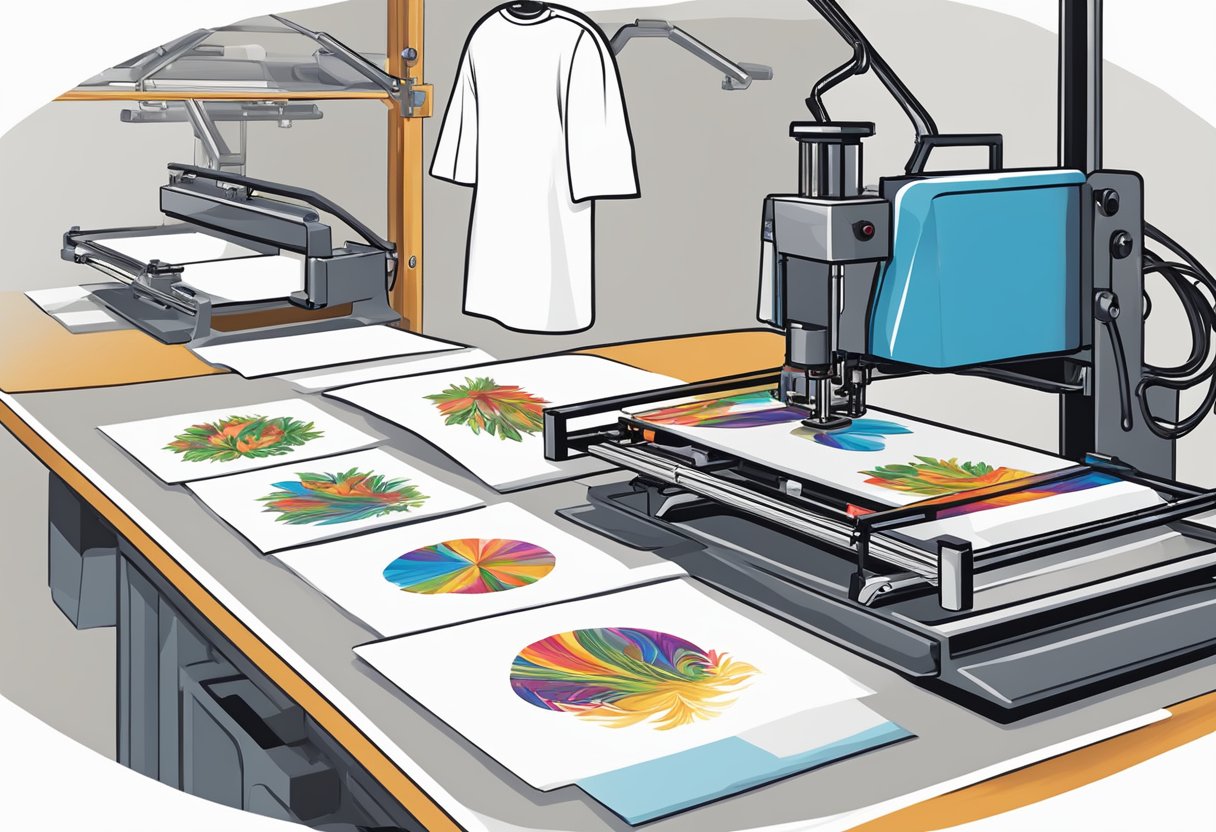 A heat press machine transferring colorful designs onto blank white shirts