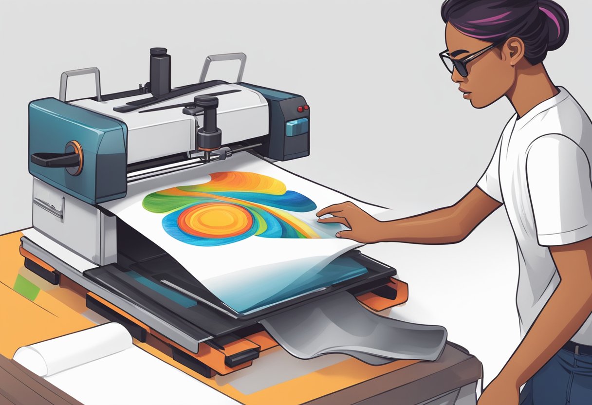 A person using a heat press to transfer a colorful design onto a white polyester shirt