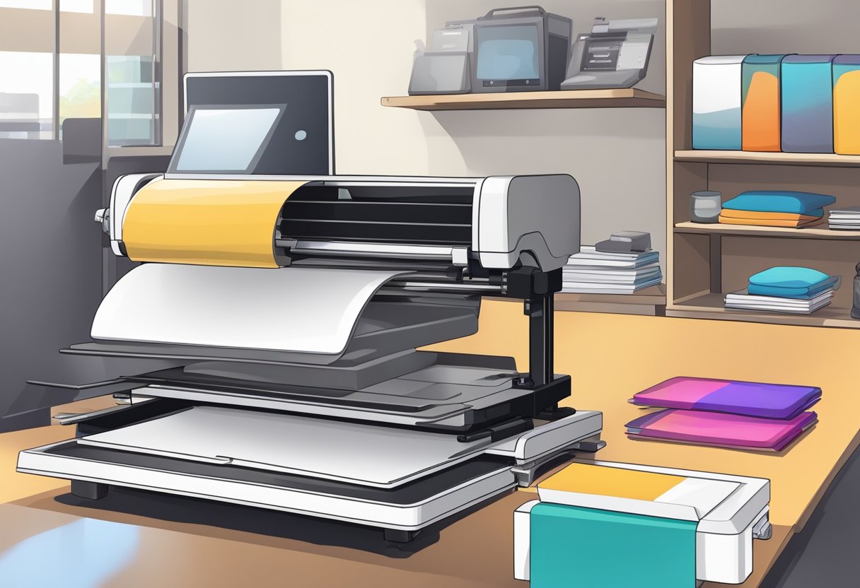 A table with a heat press, sublimation printer, and various blank shirts. An open laptop displays tutorials and design templates