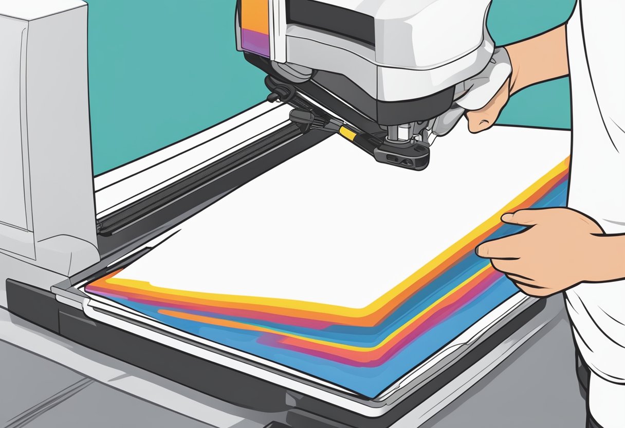 A person using a heat press to transfer a colorful design onto a blank white shirt