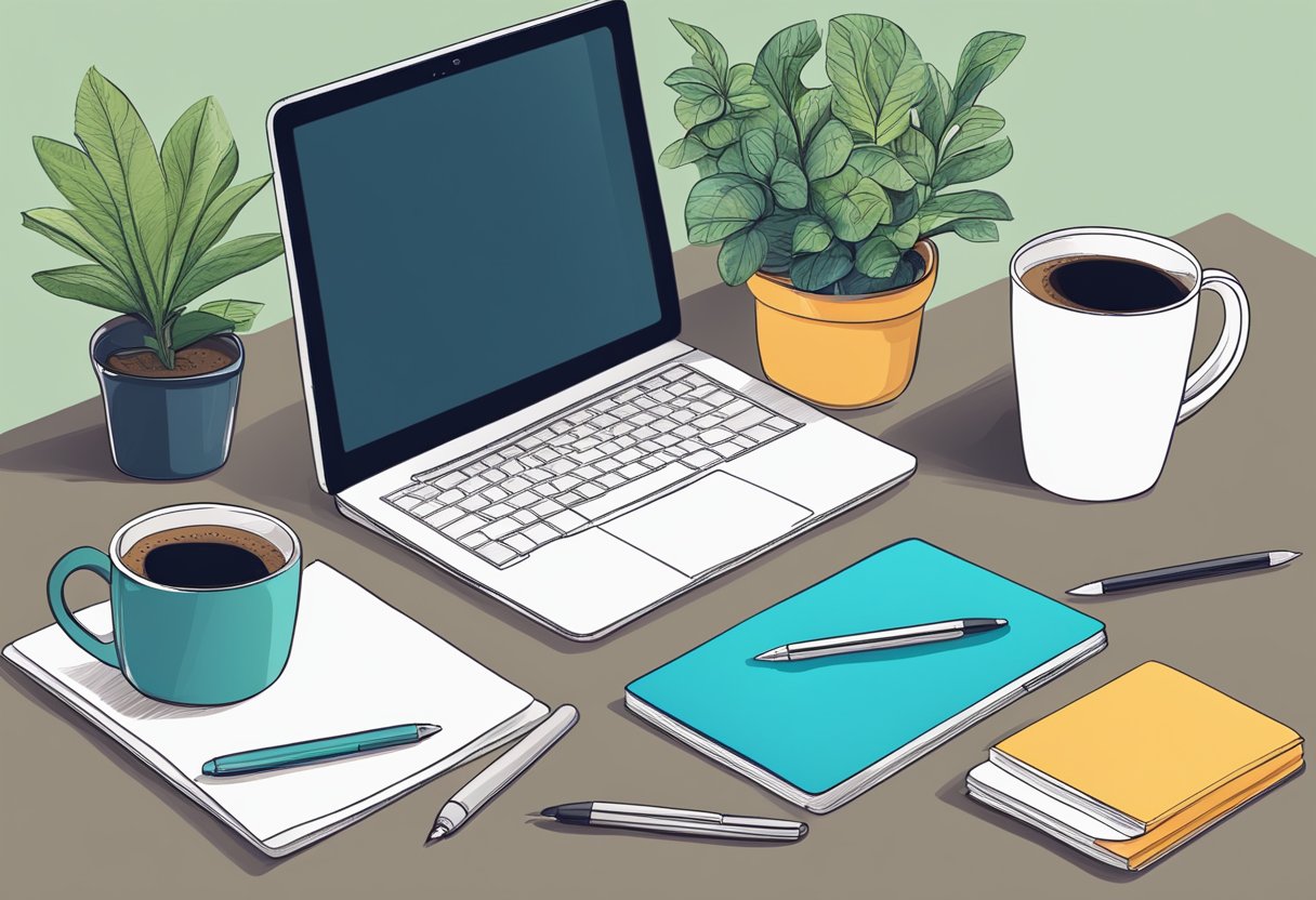 A desk with a computer, tablet, and stylus. A stack of paper with hand-drawn designs. A mug of coffee and potted plant on the side